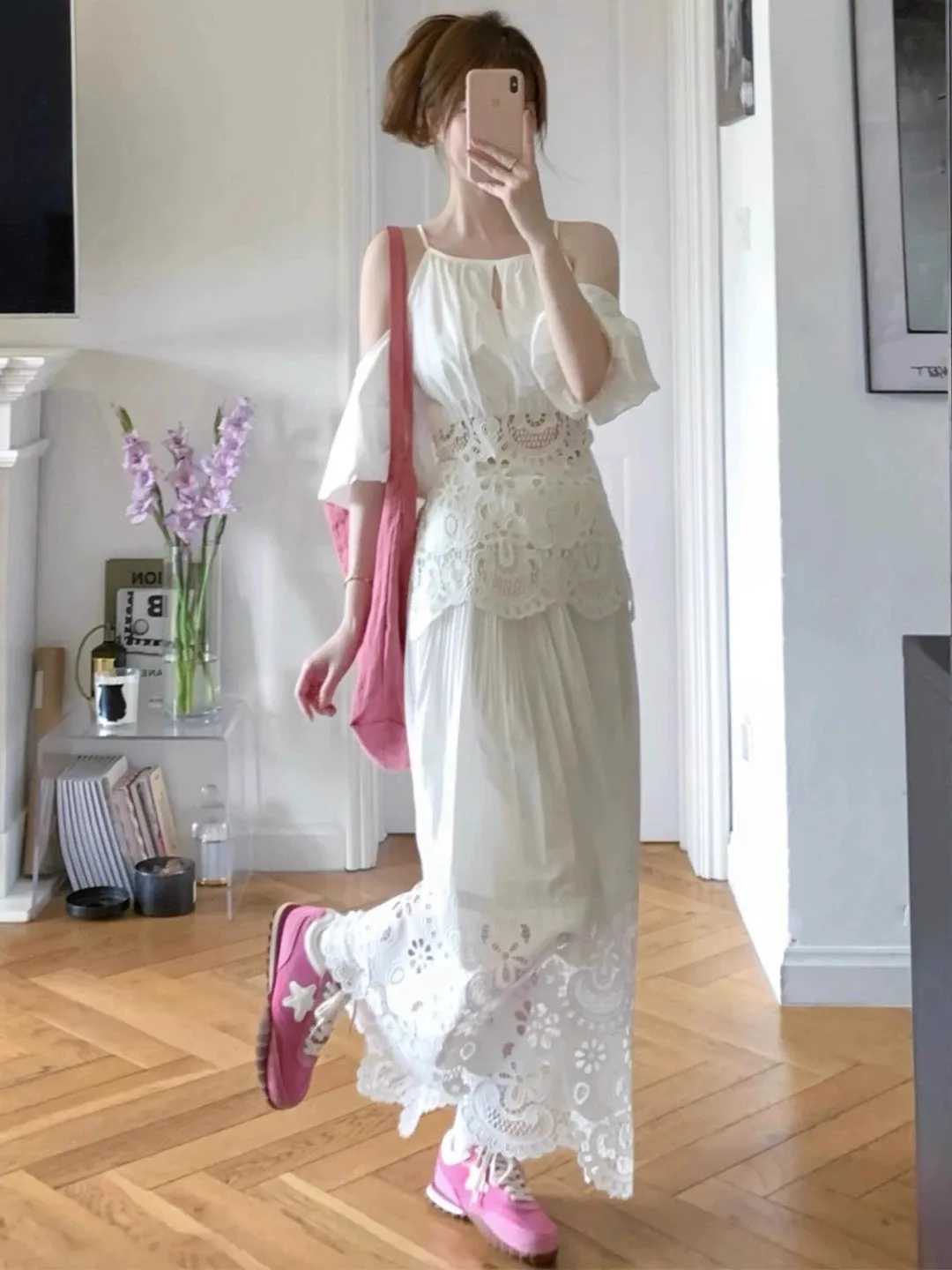 

Summer Faion Set Women's Large Size Lace Hollow out Neline Skirt Beautiful French Sle Polyester ort Sve Top