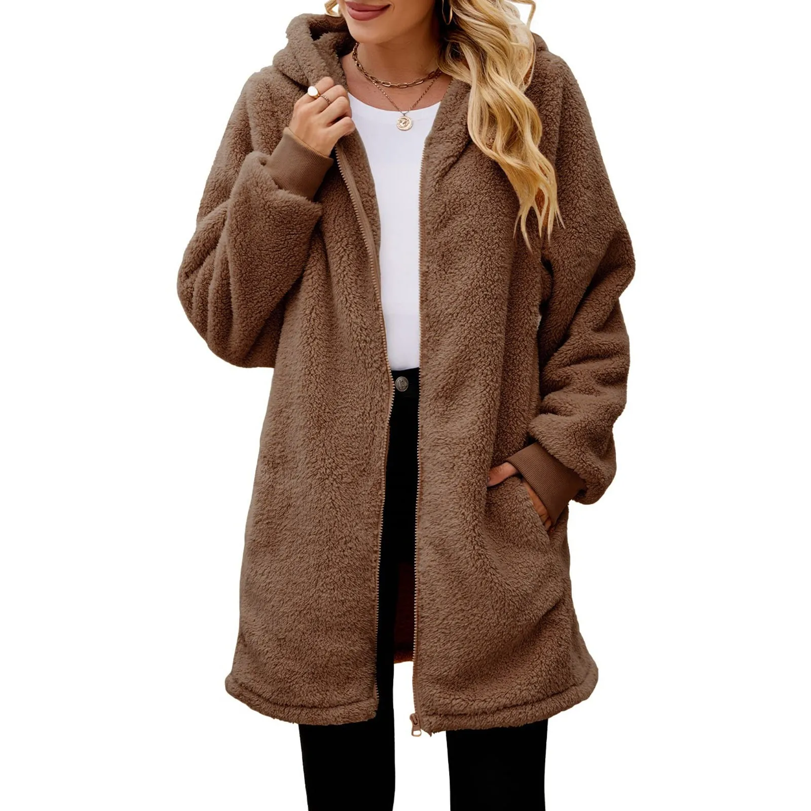 Women\'s Oversized Plush Jacket Solid Color Zippers Hooded Streetwear Cardigan Autumn And Winter Fleece Outerwear For Women 2024