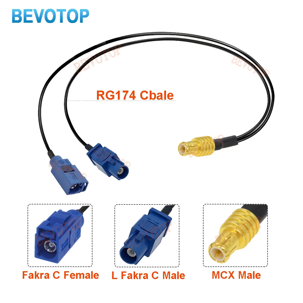 BEVOTOP MCX Male Plug to Fakra C Female + Fakra C Male long RG174 Y Type Radio Splitter Combined RF Coaxial Cable
