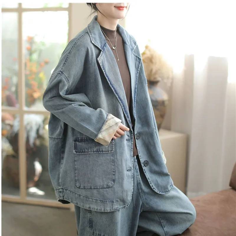 

2026 осенние корейские пальто, женские модные джинсовые куртки, женская свободная винтажная классическая верхняя одежда, одежда для отдыха, большие размеры, верхняя одежда