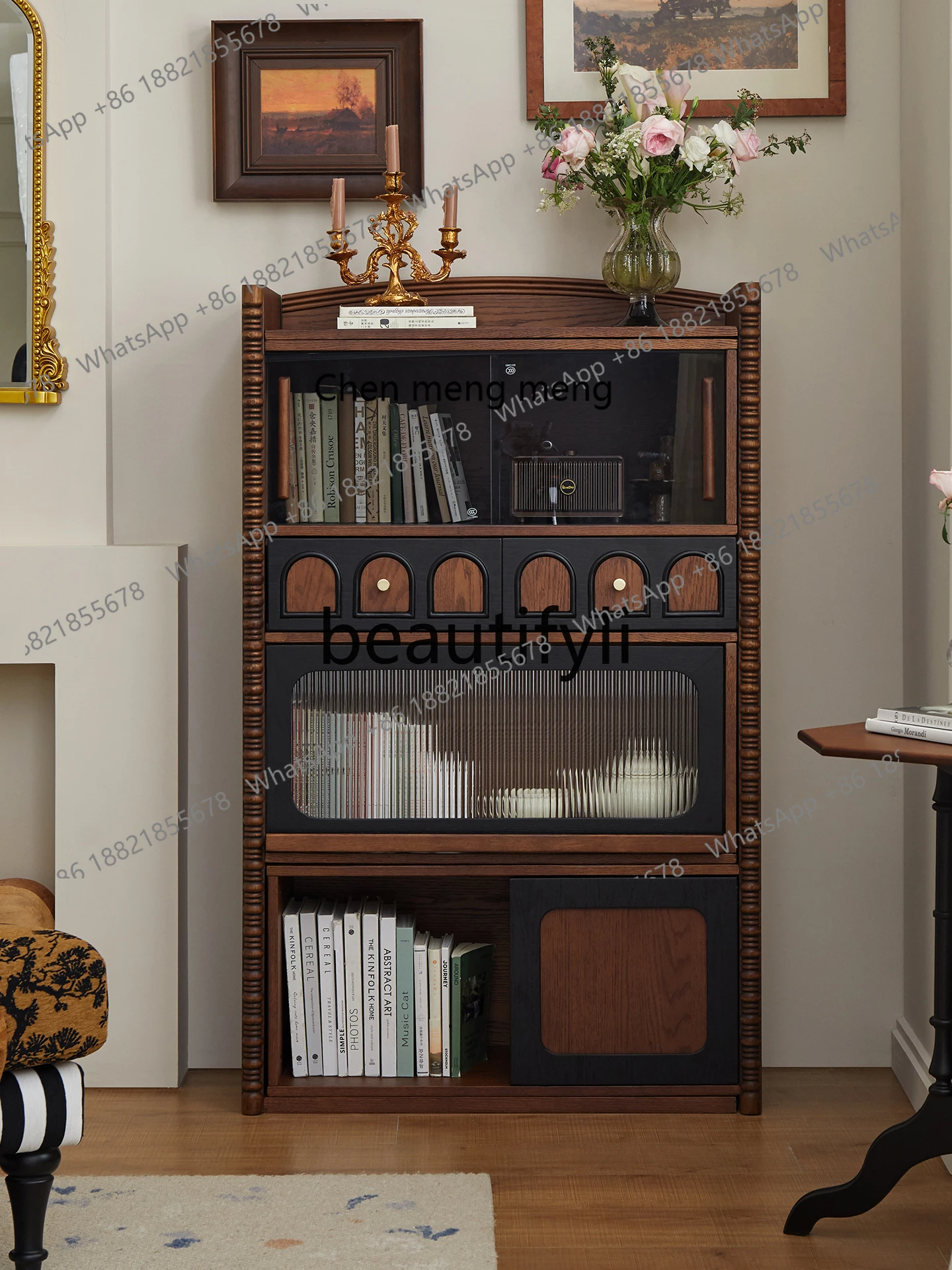 

Medieval solid wood retractable bookcase small apartment living room French dining side cabinet bedroom integrated wall chest