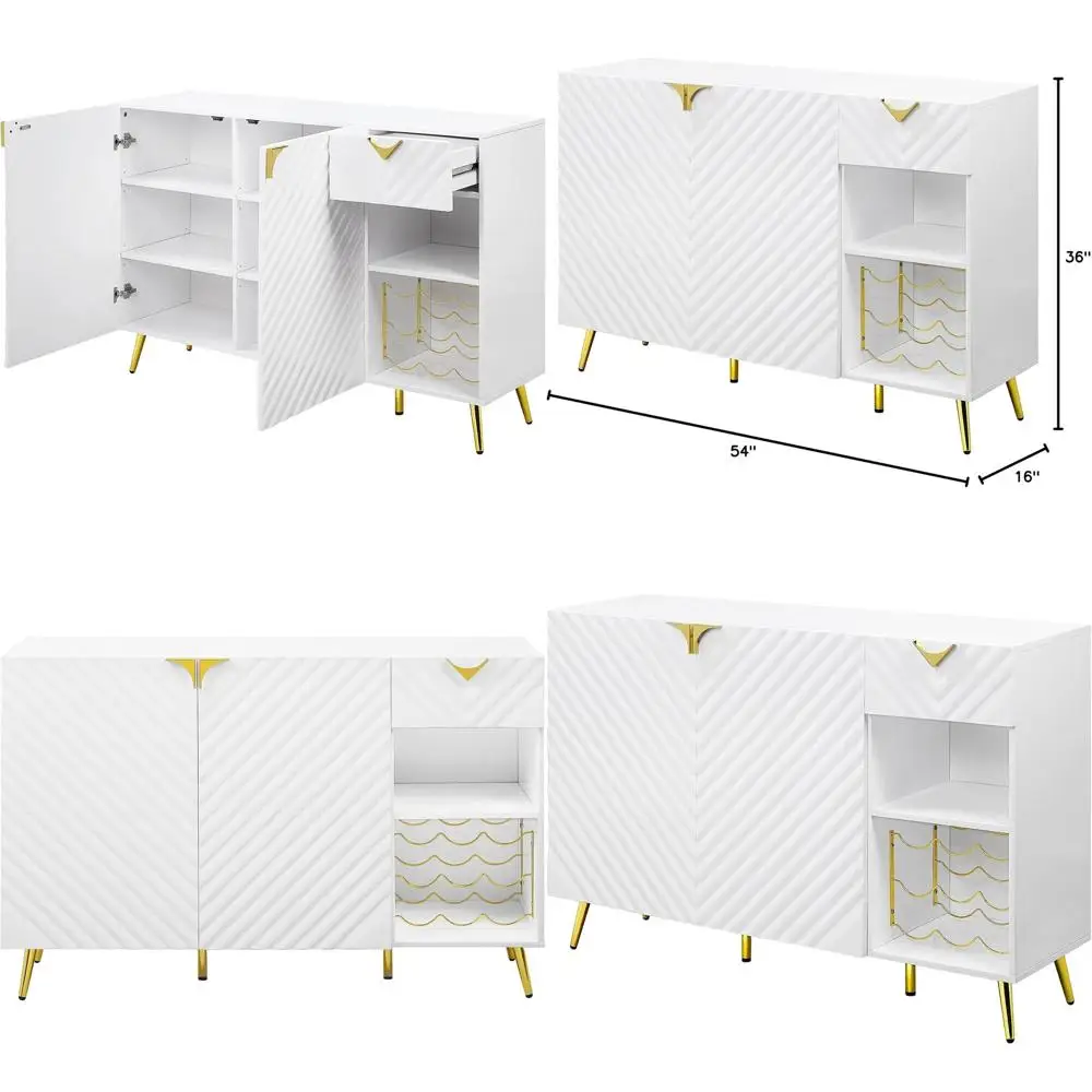 

Sideboard with Storage, Wine Rack, Shelves, Decorative Gold Legs, White High Gloss Finish
