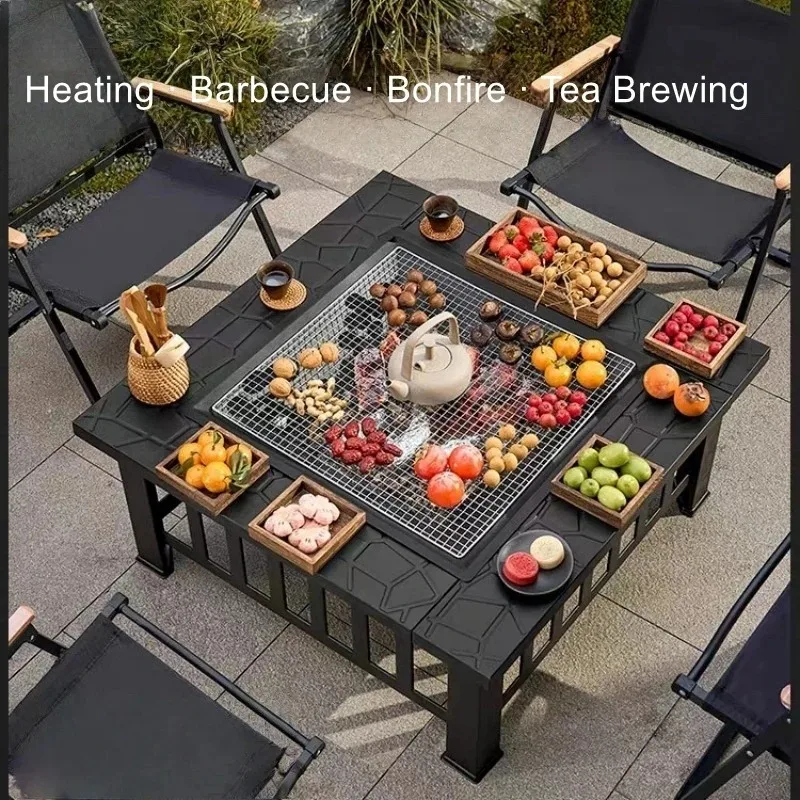 Multifunktionaler quadratischer Grilltisch für den Außenbereich, Holzkohle- und Holzfeuerofen, doppelt verwendbar zum Grillen und Teezubereiten.