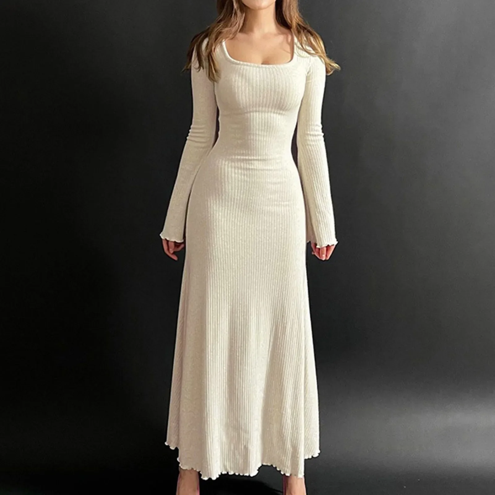 

Winter Women Long Sleeve Square Neck Slim Fit Dress Autumn Winter Solid Color Knitted Long Dress for Daily Street Dress Robe