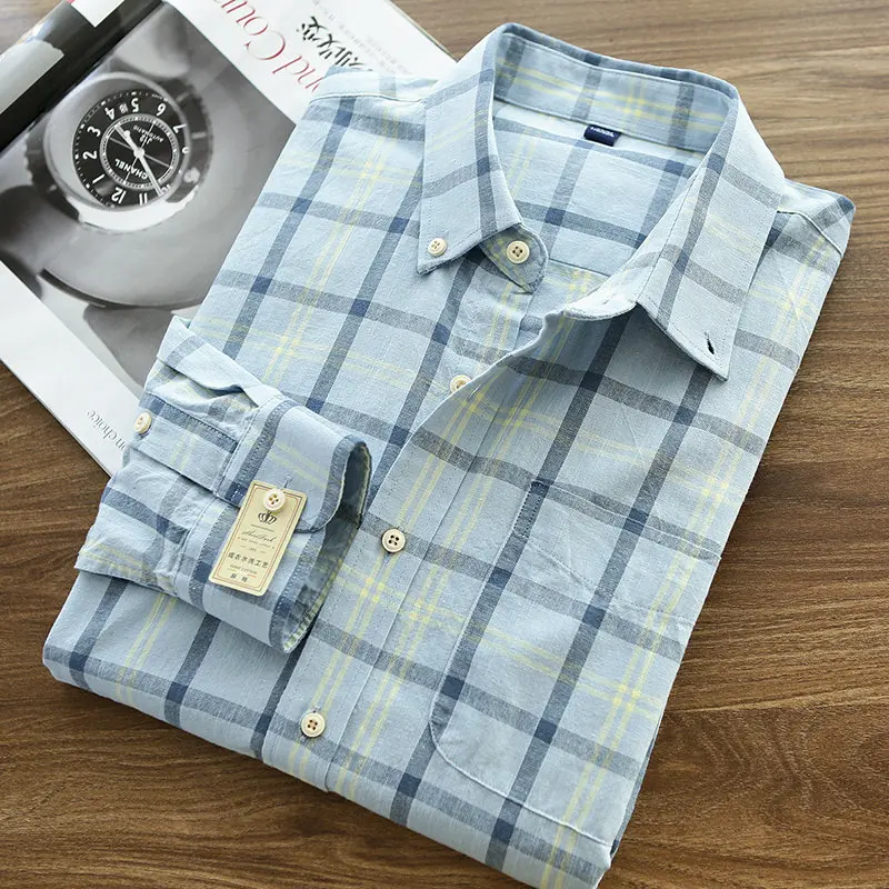 

Washed cotton and linen, Japanese remaining orders, men's original men's plaid long-sleeved shirt and shirt.