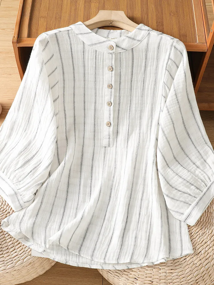 

Summer Artistic Design plus Size Women's Top Slimming Vertical Stripes Batwing Sleeve Shirt Casual Loose Fit Breathable Cotton