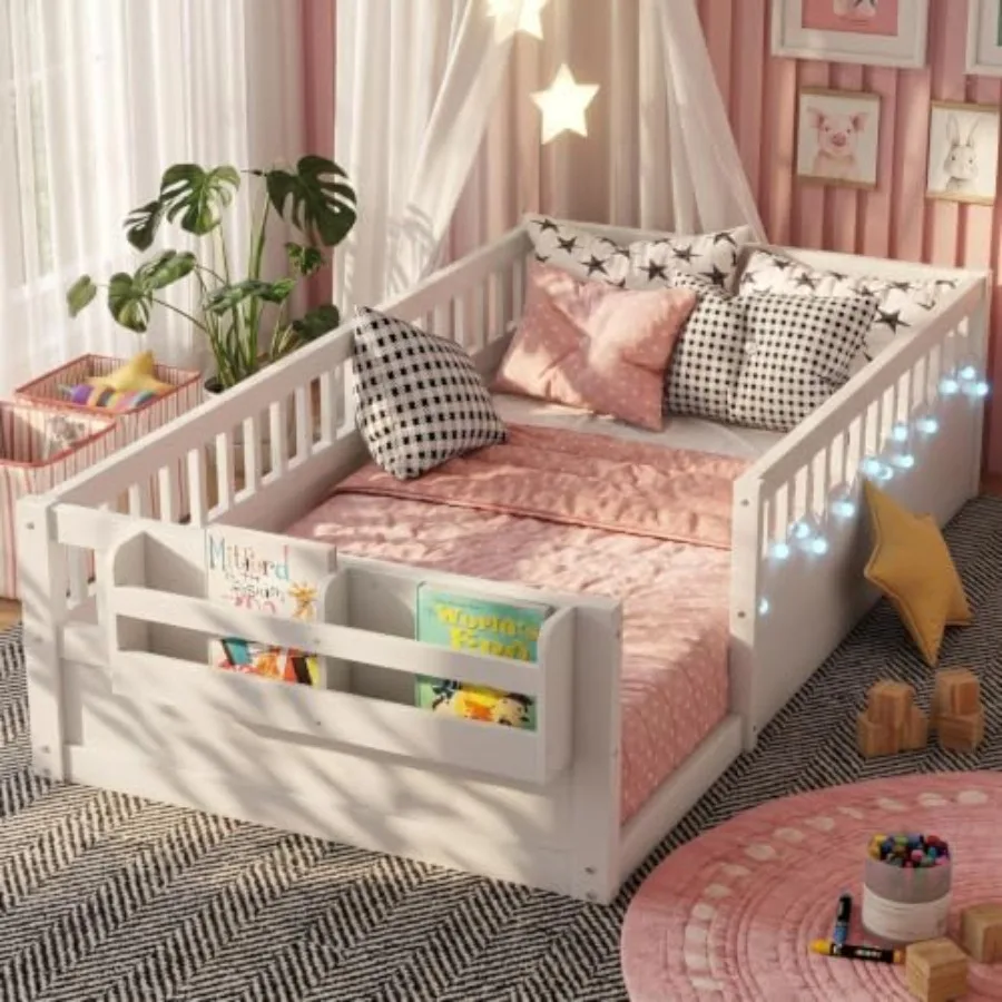 Toddler Floor Bed with High Rails, Wooden Montessori Bed Frame with Light and Storage Shelf, Size Bed Frame for,Boys and Girls