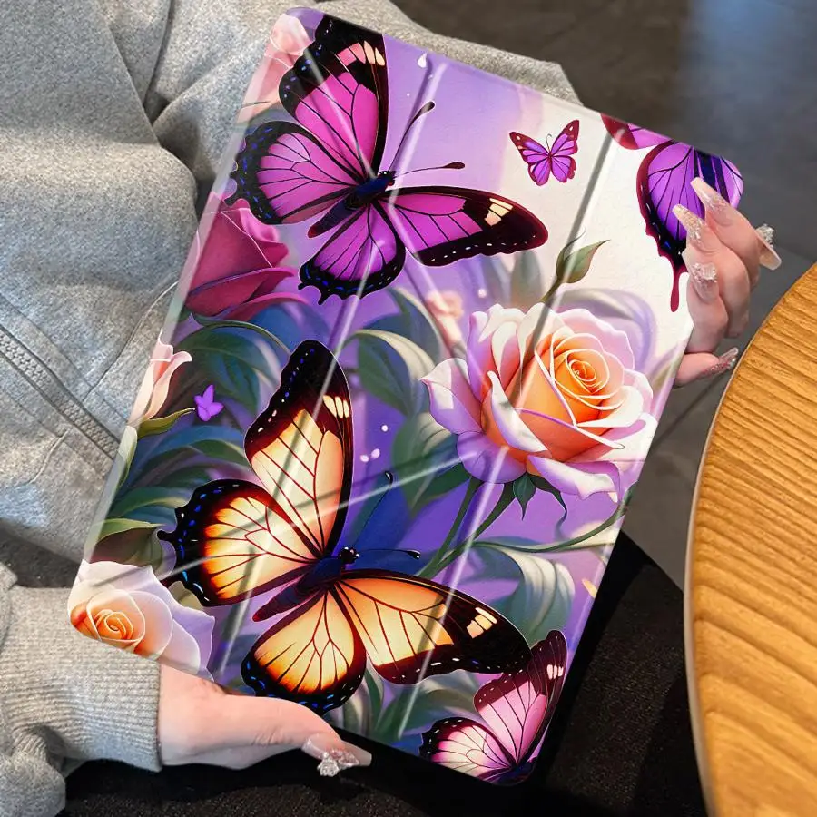 

Чехол для планшета с белыми цветами и фиолетовыми бабочками для iPad Air 4 5 M3 M2 1 2 M4 11 дюймов Pro 2025 Mini 6 7 Pro 11th 10th 9th 8th 7th