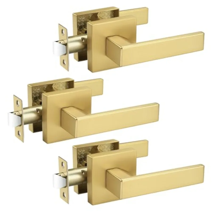 

Heavy Duty Passage Door Handle, Square Satin Brass Door Lever for Hallway and Closet, Keyless Reversible No-Locking Interior Do