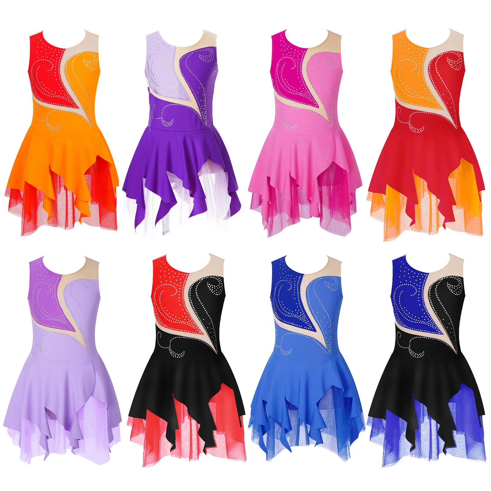 Vestido sem mangas de patinação artística para meninas, strass brilhante, malha pura tutu, balé, dança lírica, ginástica Leotrad Dancewear, crianças