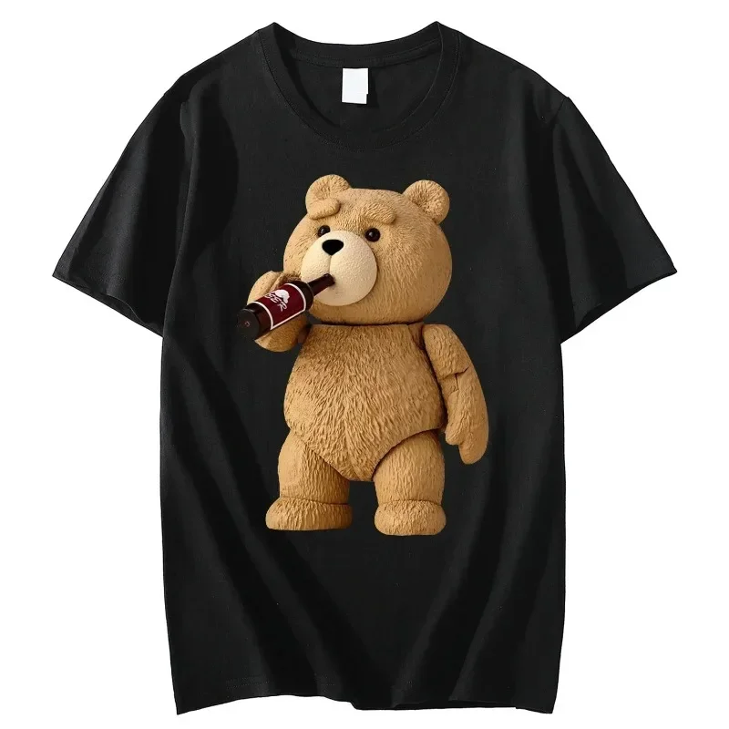 Men's Print Cute Teddy Bear Drinking Beer Poster T-Shirt Summer Oversized Men Short Sleeve Top Women Cotton T Shirt Streetwea