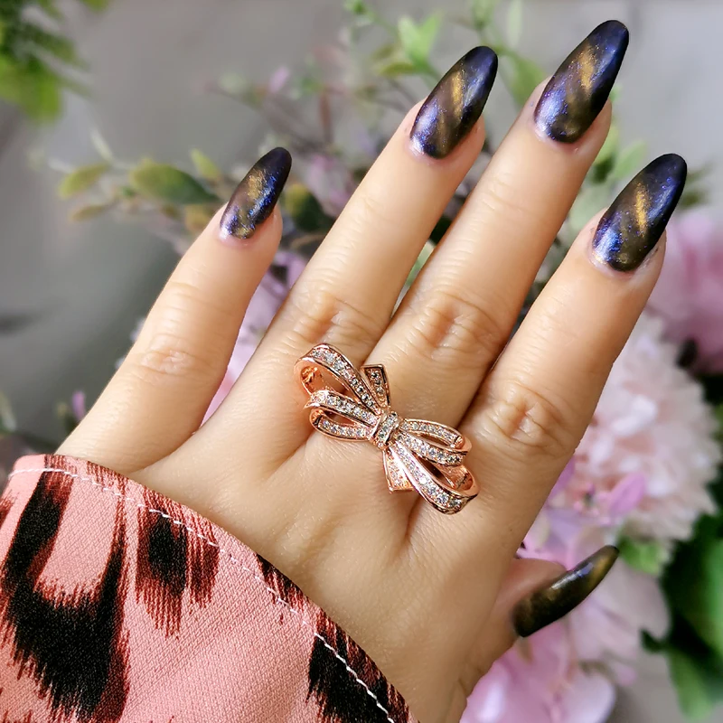 SINLEERY Romantic Big Bow Knot Crystal Rings Rose Gold Silver Color Women Wedding Party Jewelry Best Gifts JZ040