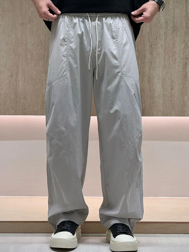 

American Retro Dstring Work Pants Men Summer Trendy Loose Match All Elastic Waist Casual Straight Leg Wide Leg Pants