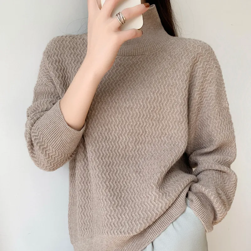 Wool Turtleneck Sweater Autumn And Winter New Women's Plus Size Knitted Pullover Loose Fashion Long Sleeve Wave Pattern Chic Top