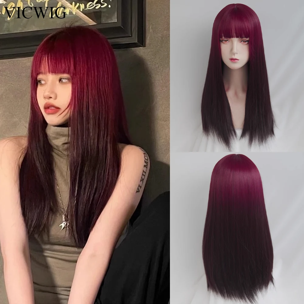 VICWIG Long Straight Ombre Red Gradient Wigs with Bangs Synthetic Women Lolita Cosplay Hair Wig for Daily Party