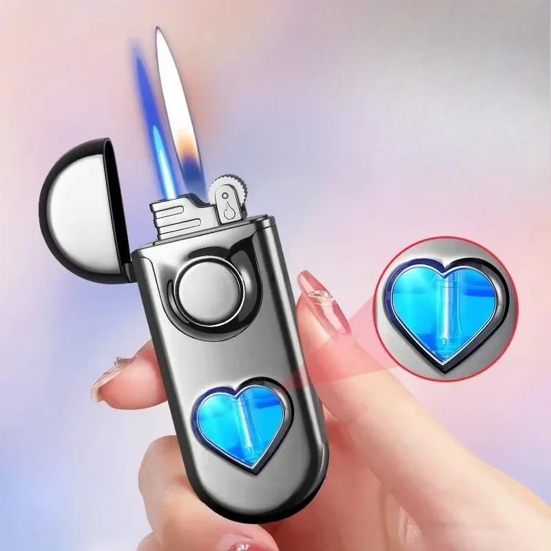 Металлическая газовая зажигалка Love с двойным пламенем и бутаном, креативная светодиодная синяя лампа, прозрачный газовый шлифовальный круг для окон, зажигалки для сигар