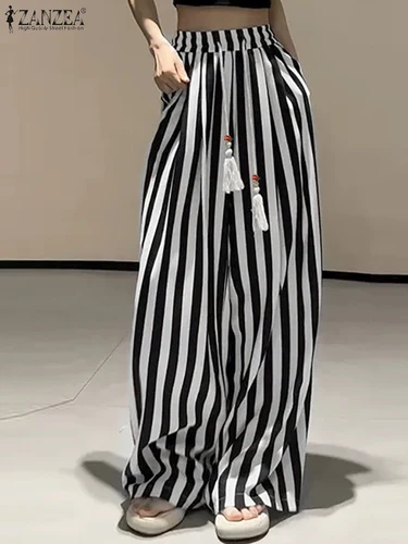 Imagen 2 del producto ZANZEA, pantalones informales de pierna ancha a rayas para mujer, pantalones sueltos con cordón en la cintura elástica, pantalones plisados invertidos para mujer, otoño 2025