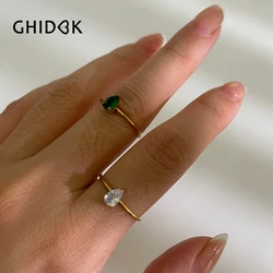 GHIDBK 2pcs Stainless Steel White and Green Water-drop Zircon Opening Thin Rings for Women Adjustable Trendy Wedding Jewelry