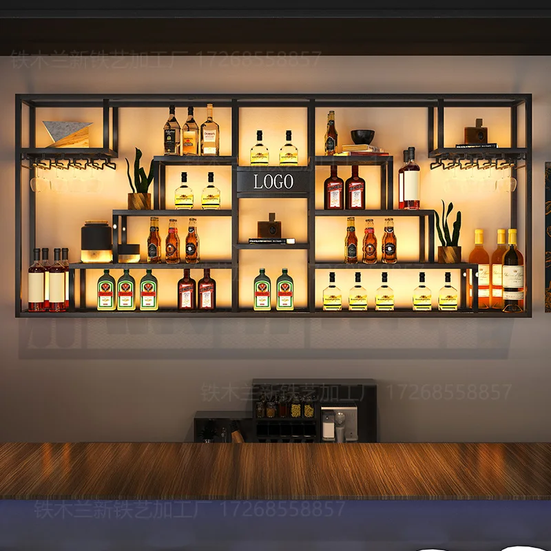 Custom Wine Rack Bar Counter Wall Hanging Wine Cabinet Bar Wine Rack Restaurante Metal Wine Storage Rack Wall Iron Display Rack