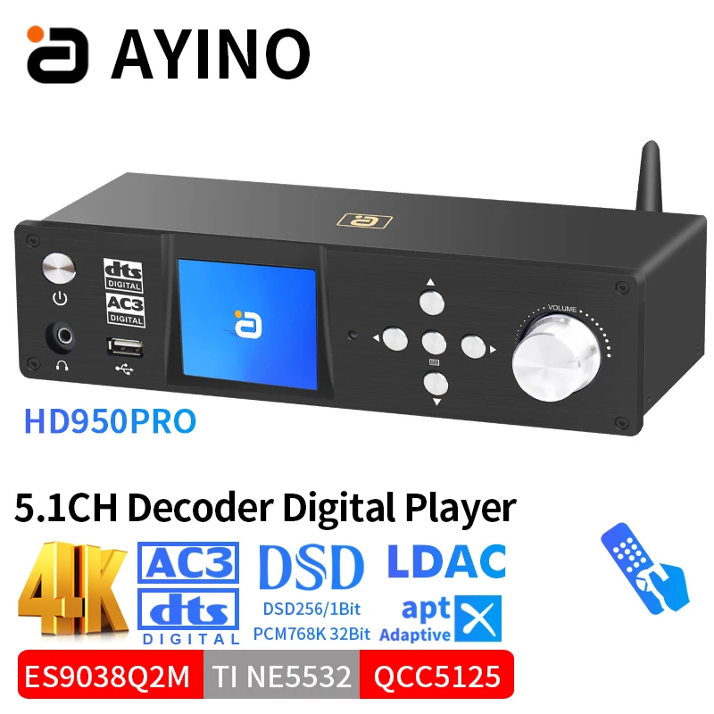 5.1CH DTSHD-Decoder for Audio Atmos ESS9038q2m*3 Converter 4K HDMI2.0 Qcc5125 Bluetooth5.1 Adapter DSD PCM768K DAC ARC PCUSB OTG