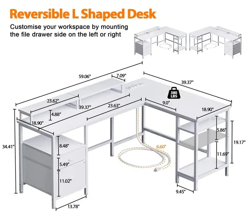 Furologee 59” Computer Desk with File Drawer & 2 Monitor Stands, Home Office Desk, Reversible L Shaped Desk with Power Outlet