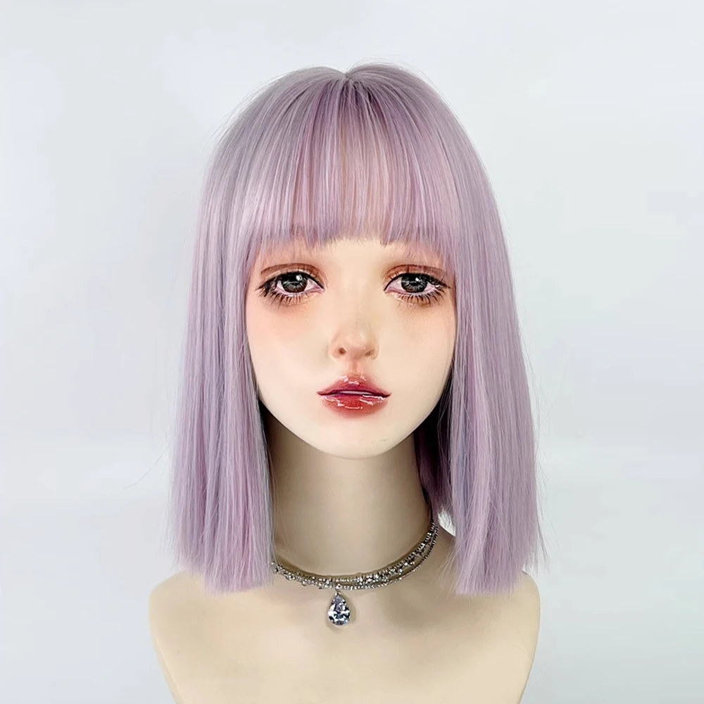 GAKA Purple Blue Mix Short Bob Straight Women Synthetic Wig with Bangs Lolita Cosplay Fluffy Hair Wig for Daily Party