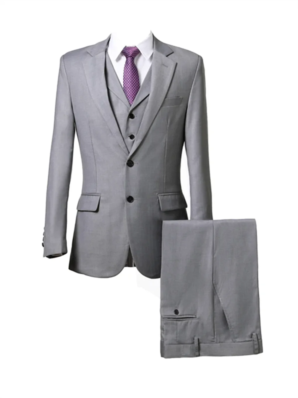 3 Pieces Light Gray Men\'s Suits Two Buttons Notch Lapel Blazer Vest Pants Formal Slim Fit Wedding Business Tuxedos