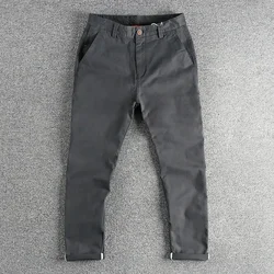 Spring New Japanese Retro Woven Twill Slim Chino Busniess Pants Men's Simple 98% Cotton Washed Casual Straight Pencil Trousers