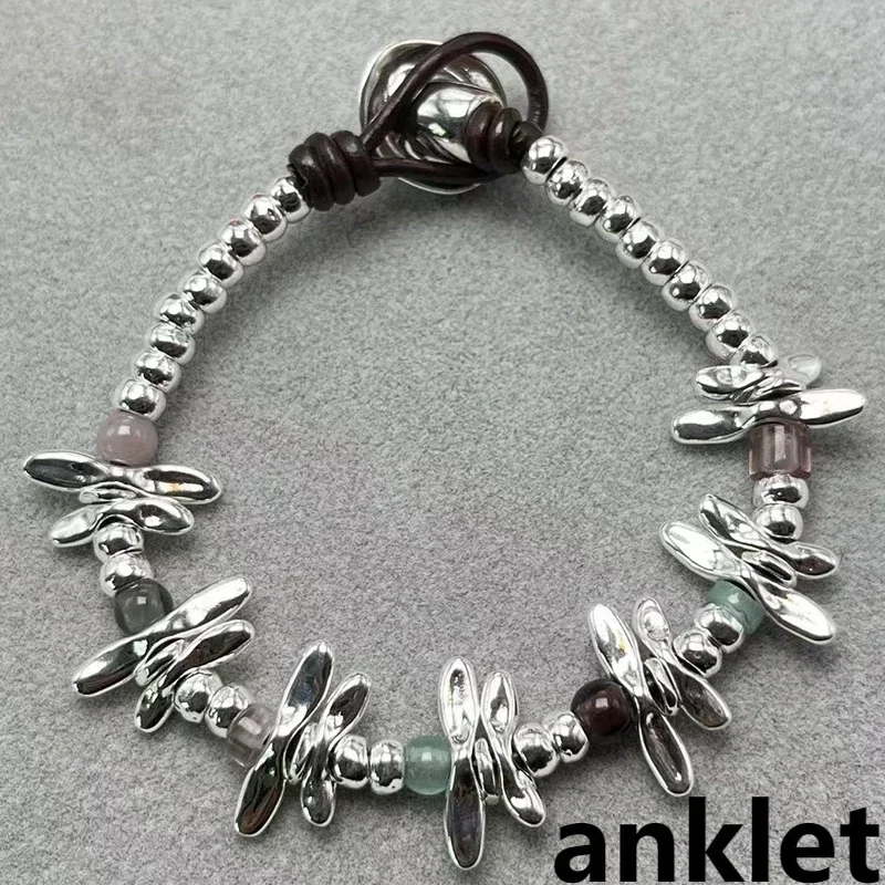 

Original new UNOde50 Silver dragonfly string gemstone leather rope anklet Sweet romantic ladies outdoor temperament anklet