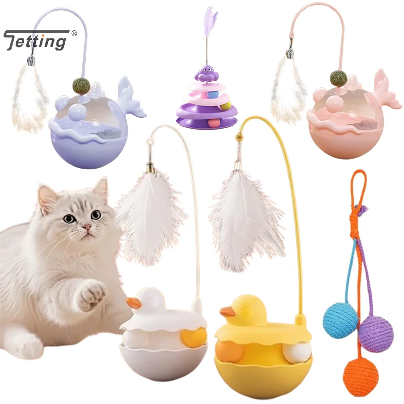 Tumbler Cat Teaser Toy With Removable Feathers & Scratching Bells Self Amusing Kitten Play Wand Interactive Toys Pet Supplies