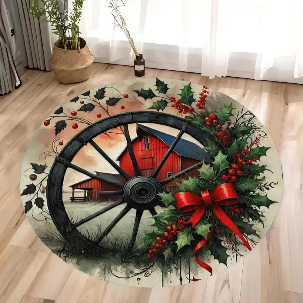 ~O~Vintage-Inspired Round Rug with Floral & Wooden Wheel Motif – Cozy Decor for Bedroom, Living Room & Hallway