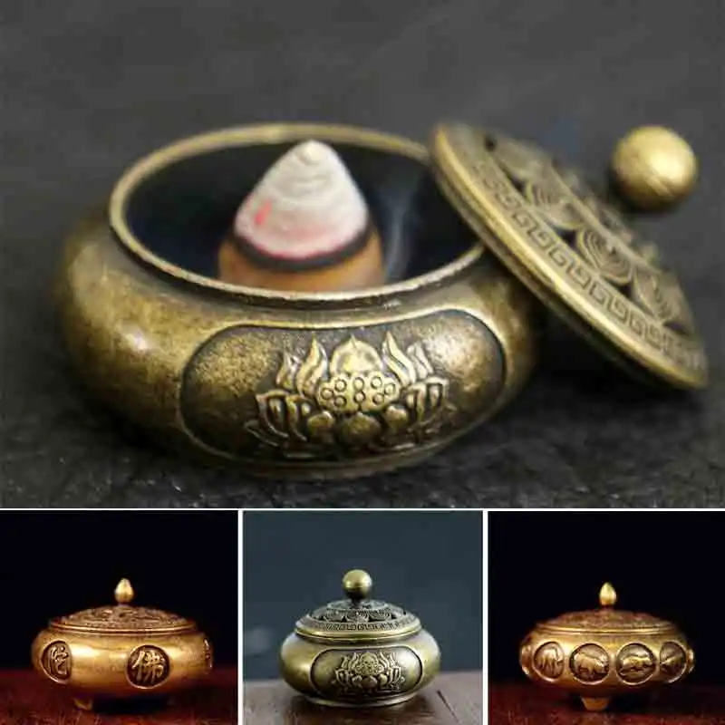 Antique Brass Pocket Lotus Jiuding Incense Burner Hollow Incense Mini Ornaments Chinese Ancient Tea Desk Decor