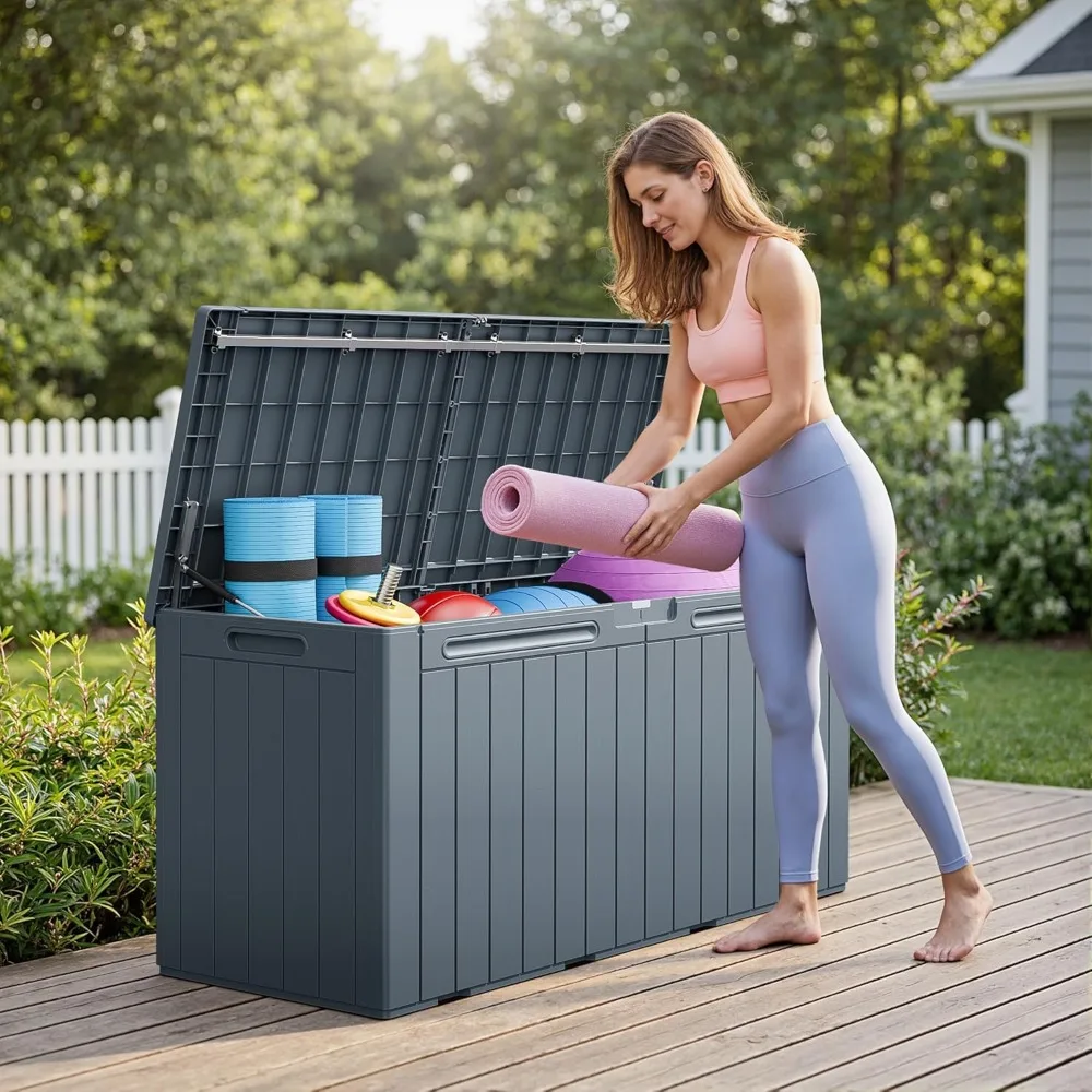 110 Gallon Outdoor Storage Box with Lockable Lid, All-Weather Waterproof Deck Box for Patio Furniture, Pool Supplies & Garden Tools, UV-Resistant, Gray view 5