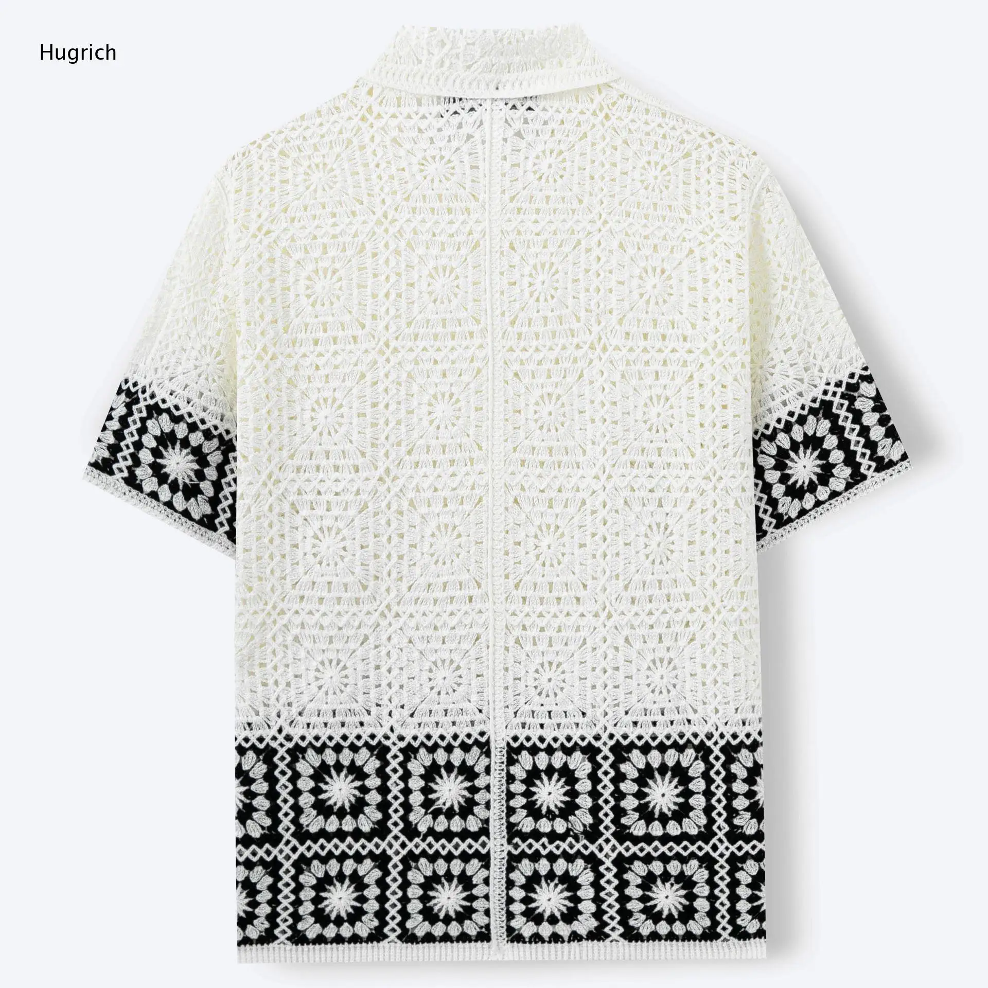 Men's Vintage Patchwork Contrast Crochet Button Down Top - Coastal Holiday Outfit