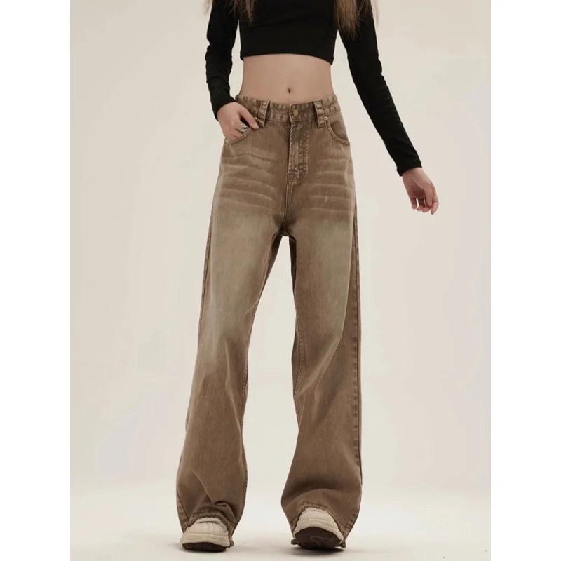 Brown NEW Y2k Loose Women\'s jeans American High Street Worn out Wide Leg Pants TIKTOK Hip-hop Rock and Roll Style Baggy Trousers