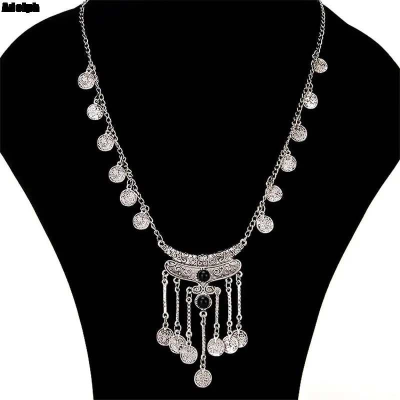 New Fashion Bohemian Coin Necklace Women Girl Alloy Vintage Long Stone Tassel Necklace Sweater Chain Pendant Jewelry Gifts 2022