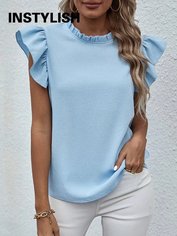 Elegant Ruffles Sleeveless O Neck Loose Blouse Women Summer Casual Solid Shirt Office Lady Chic Simple Luxury Tops Streetwear