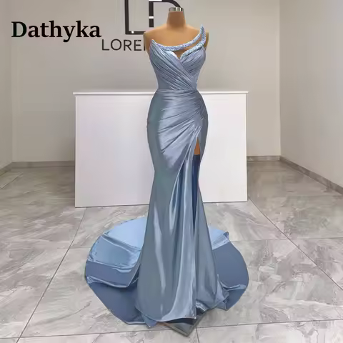 Dathyka Classic Formal Evening Dress Strapless Beadings Sleeveless Pleats Satin High Side Slit Vestidos De Noche Customized