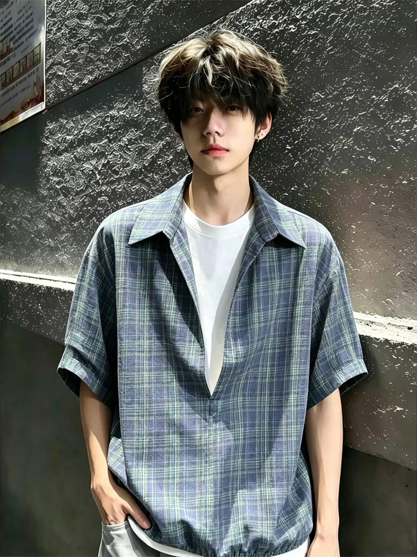 Purple Plaid Ice Silk V-Neck Short Sleeve Shirt Men's Summer Casual Loose Fit Breathable Comfortable Korean Style Polyester C...