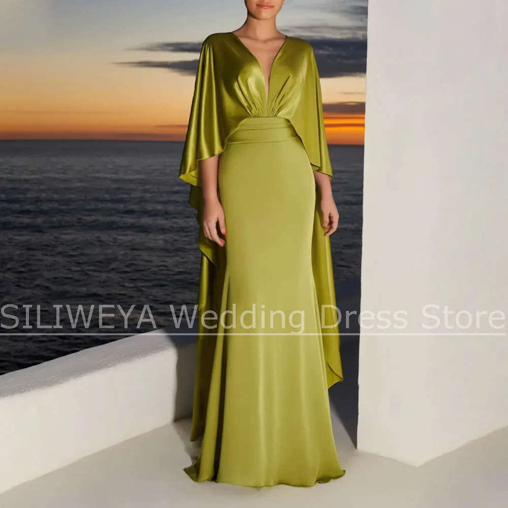 

Olive Green Deep V-Neck Prom Dresses Mermaid Floor Length Satin Party Gowns for Women Slim Fit Elegant Pleated Evening Dresses