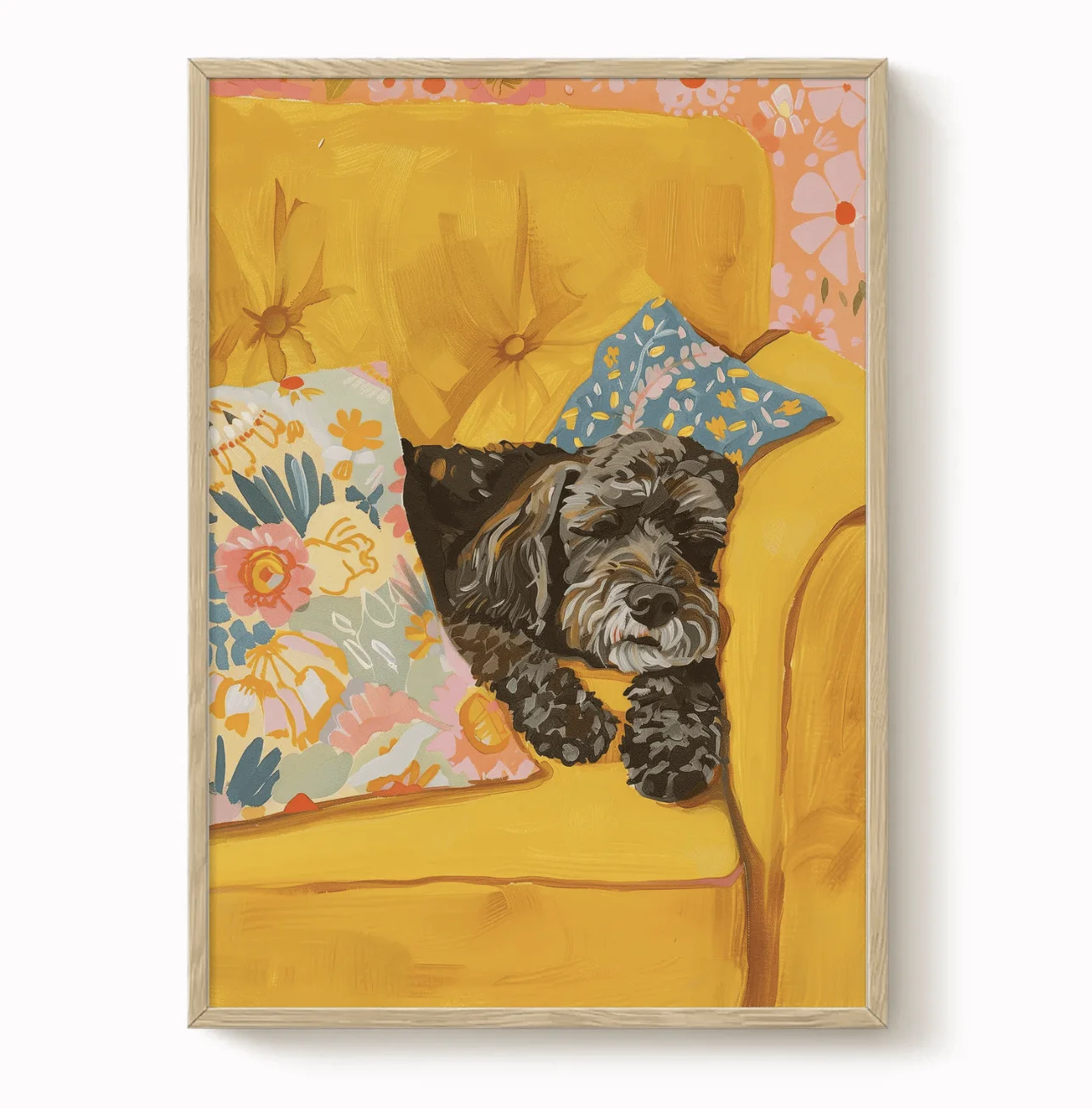 (No frame)Colorful Yellow Sofa Sleeping Schnauzer Canvas Prints, Floral Cushion Cute Dog Posters Living Room Bedroom Boho Pet
