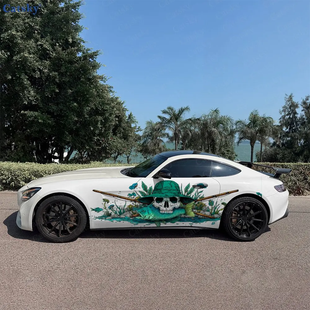 2pcs Vintage Style Fishing Skull Car Side Wraps, Self-Adhesive PVC Waterproof & Scratch-Resistant Stickers, Car Accessory Gift