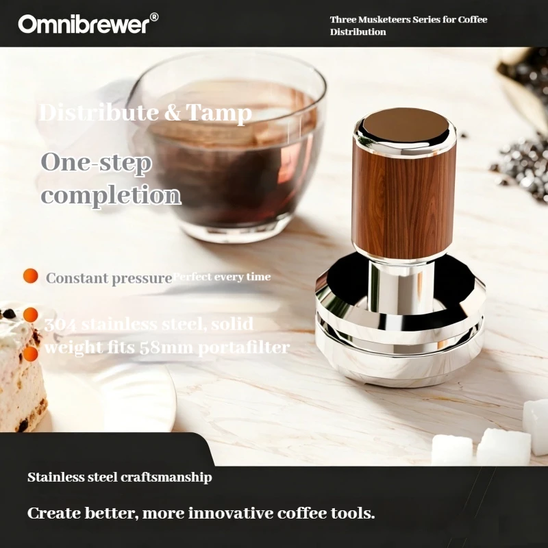 Omnibrewer Impact Tamper & 3-Blade Distributor 58mm 2-in-1 – Self-Gravity Dropping Spinning Distribution, Dual Function Tool