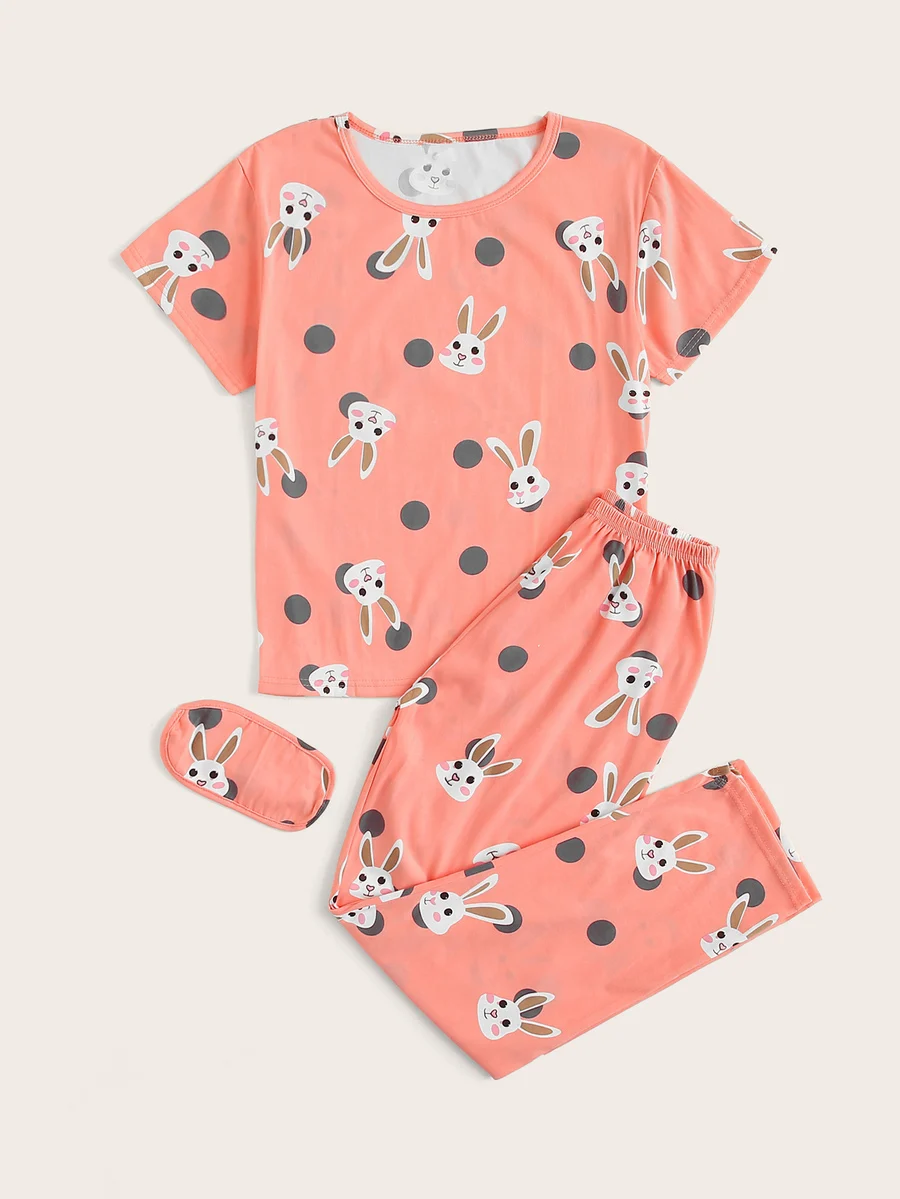 Rabbit Print Polka Dot Pajama Set With Eye Cover For Women