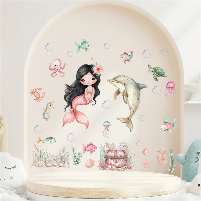 Cartoon Fish Sealife Dolphin Mermaid Wall Stickers For Kids Room Bathroom Decoration Ocean Mural Art Diy Home Decal Girls Poster