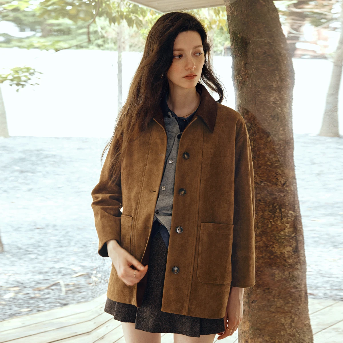 OLrain Faux Suede Jacket Women's Casual Loose-fit Contrast Color Coat 2026 Autumn New Arrival Turn-down Collar GO57QW000986
