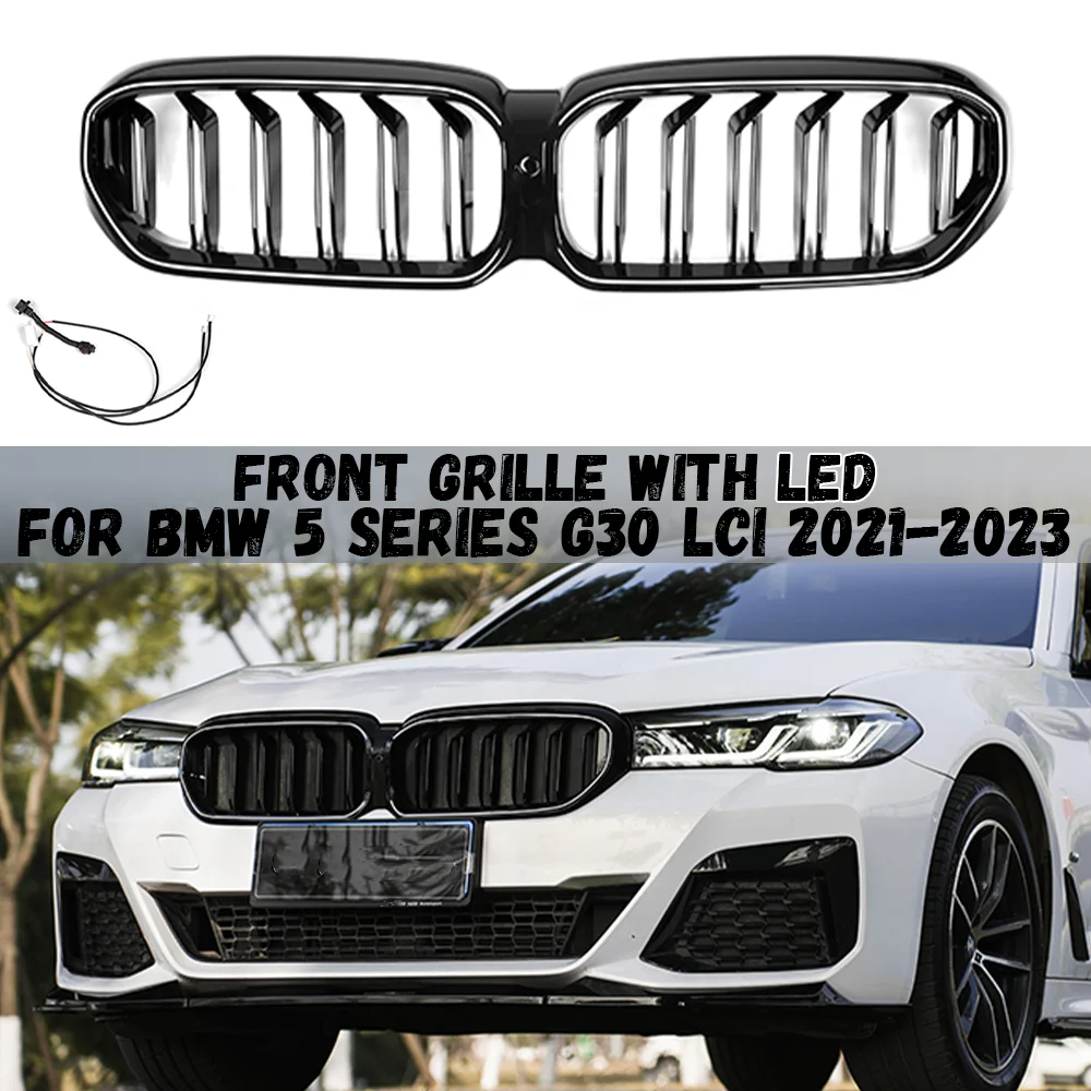 Gloss Black Front Kidney Racing Grille with LED Light For BMW 5 Series G30 2021 2022 2023 Hood Grills Double Line