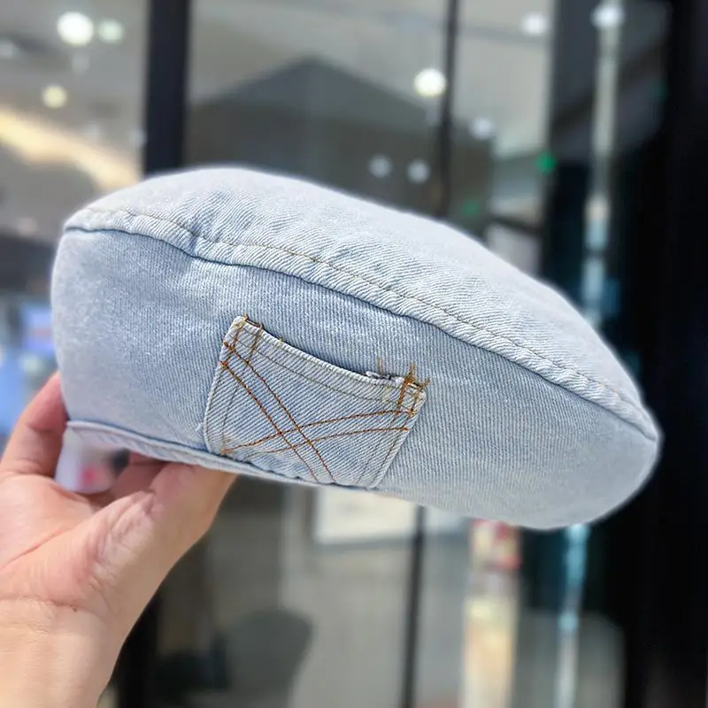 2023 Retro Denim Berets Hat Casual Autumn Shade Painter Cap Korean Solid Color Octagonal Women\'s Painter Hats