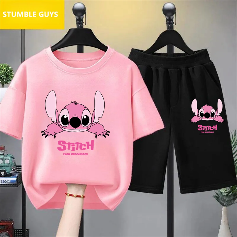 Disney Stitch Children's Summer Cartoon T-Shirt Street Casual Trucksuit Boys and Girls 3D Cute Print Quick-Drying Breathable Top