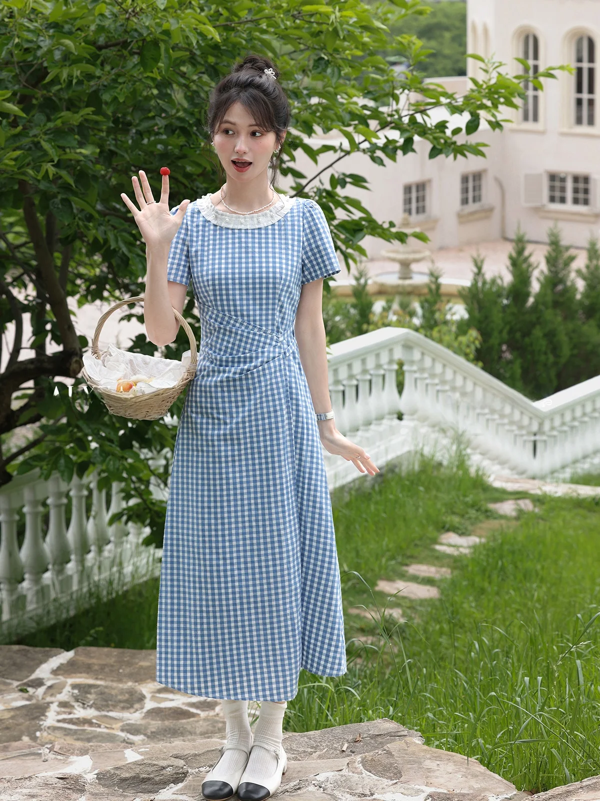 Été bleu Plaid rond Ne femmes Dr aped taille conception sel lait id jupe trapèze ort Sve longue Dr fermeture éclair Clo...